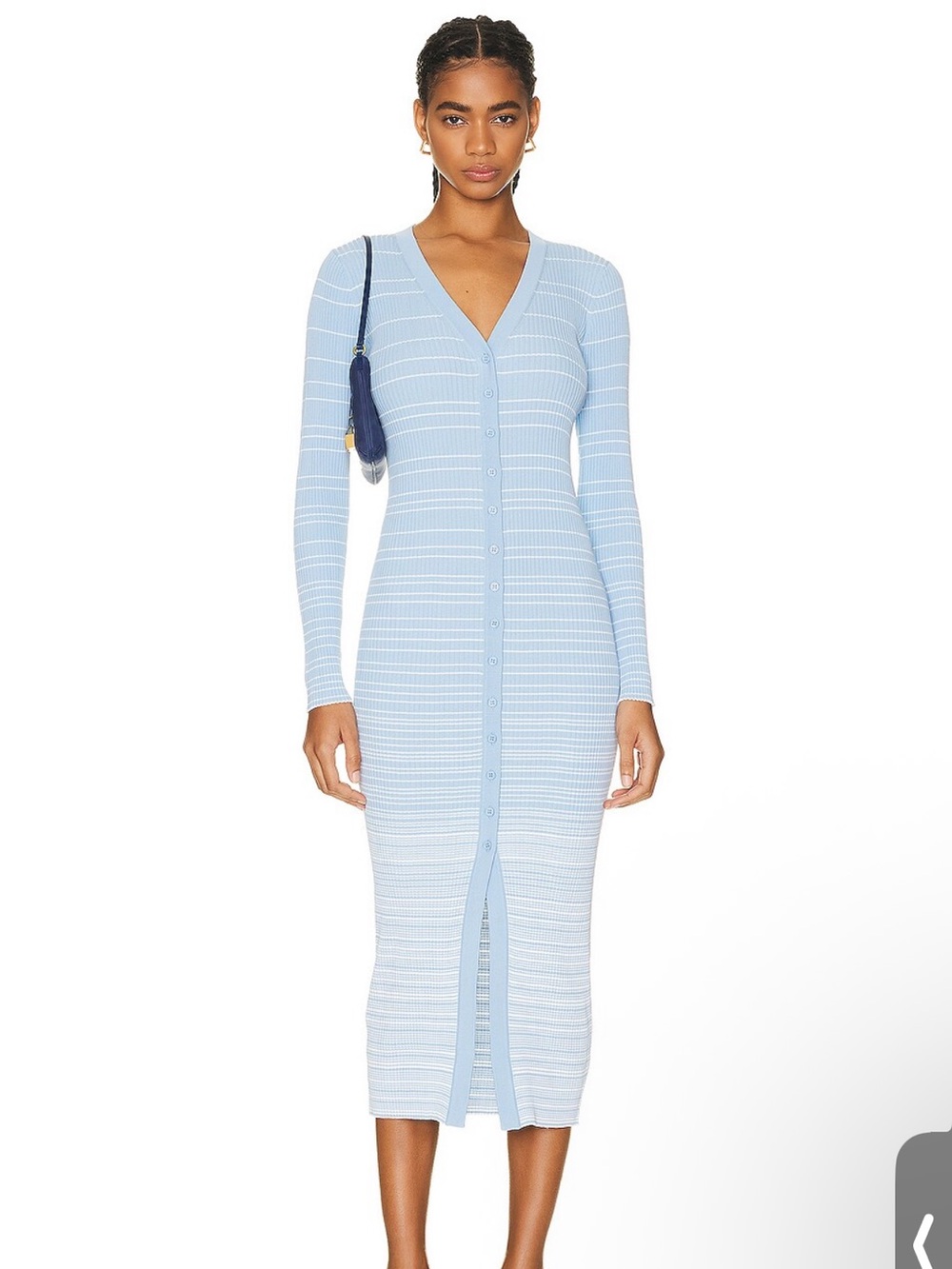 STAUD Shoko Light Blue Ribbed Button-Front Midi Cardigan Dress